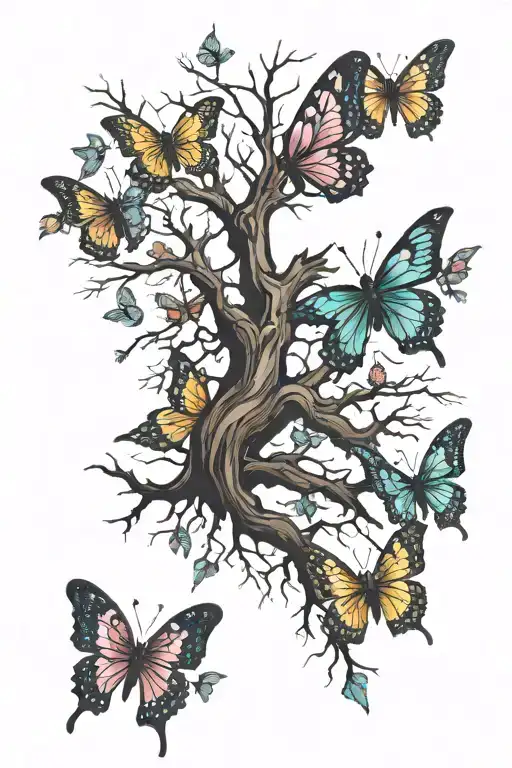 half dead tree turning into butterflies tattoo design idea
