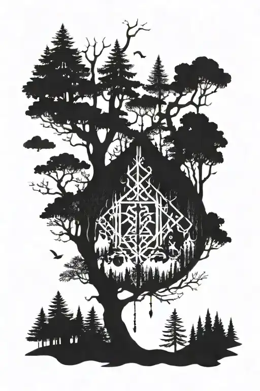 forest and runes tattoo design idea