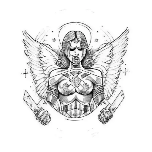 angel warrior with cross tattoo design idea