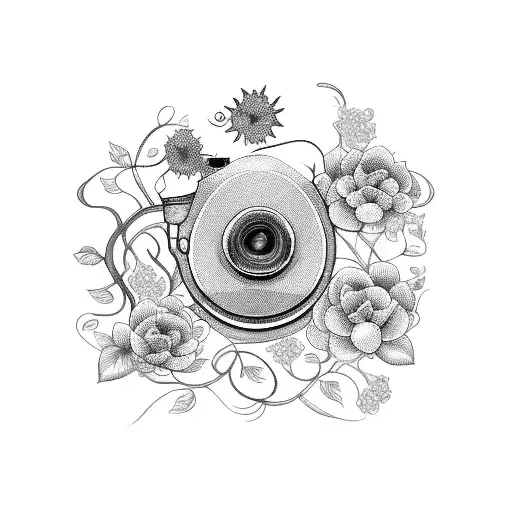 A camera body intertwined with vines and flowers, representing the growth and beauty that photography captures, done in blackwork style tattoo design idea