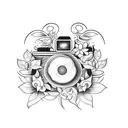 A camera body intertwined with vines and flowers, representing the growth and beauty that photography captures, done in blackwork style tattoo design idea