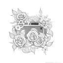 A camera body intertwined with vines and flowers, representing the growth and beauty that photography captures, done in blackwork style tattoo design idea