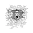 A camera body intertwined with vines and flowers, representing the growth and beauty that photography captures, done in blackwork style tattoo design idea