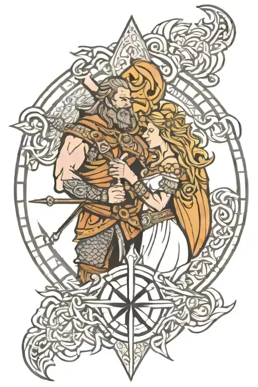 Viking warrior and bride inside Viking compass outline  tattoo design idea