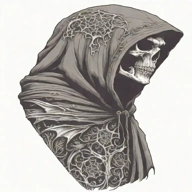 hooded reaper silohuette, smoke, fire, scary, bat wings, thorns tattoo design idea