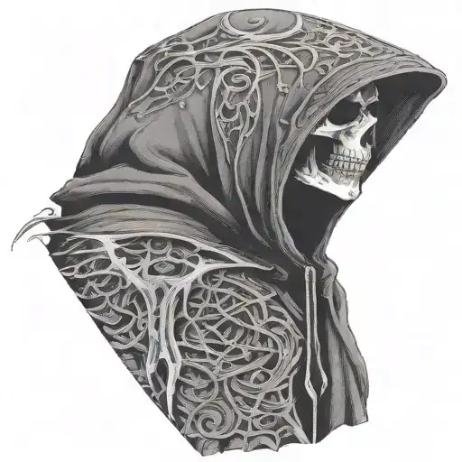 hooded reaper silohuette, smoke, fire, scary, bat wings, thorns tattoo design idea