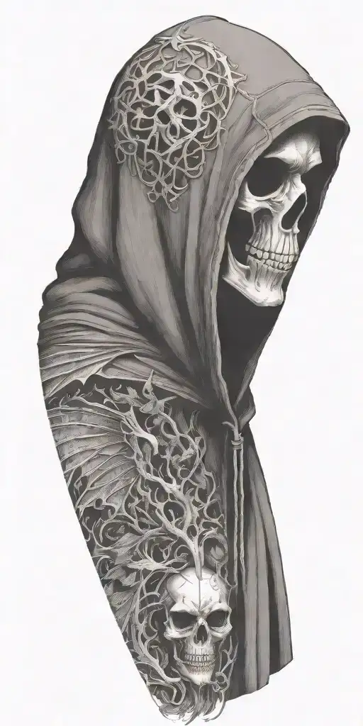 hooded reaper silohuette, smoke, fire, scary, bat wings, thorns tattoo design idea