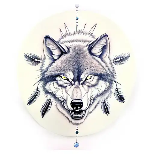 dream catcher with an angry wolf head in the center  tattoo design idea