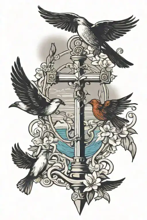 Nautical, Key West, cross, birds flying away tattoo design idea