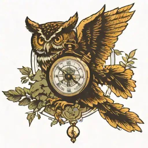 owl flying thru the forest with a pocket watch hanging from its feet and a compass in the background  tattoo design idea