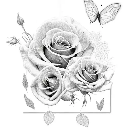 yellow evening primrose, red and pink roses, butterflies  tattoo design idea