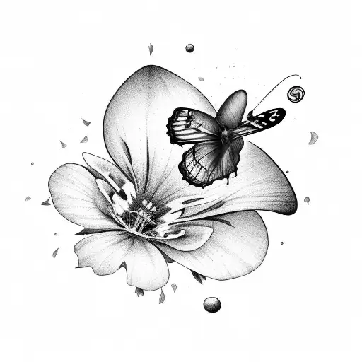 A beautiful evening primrose blooming with a butterfly resting on it, surrounded by swirling book pages tattoo design idea