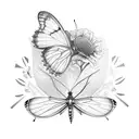 A beautiful evening primrose blooming with a butterfly resting on it, surrounded by swirling book pages tattoo design idea