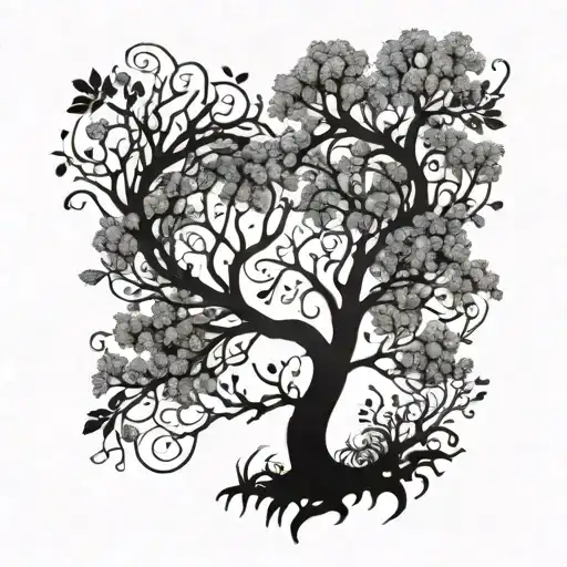 A heart-shaped tree with branches reaching out to help others, incorporating elements of Buddhism and nature tattoo design idea