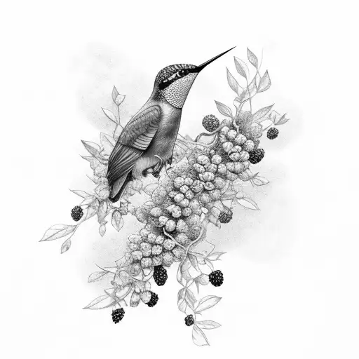 A cluster of blackberries intertwined with delicate hummingbirds hovering above tattoo design idea