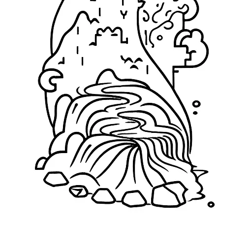 A mesmerizing view of a waterfall cascading down rocks, surrounded by vibrant nature tattoo design idea