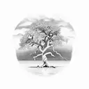 A majestic oak tree standing tall in the middle of a serene lake tattoo design idea
