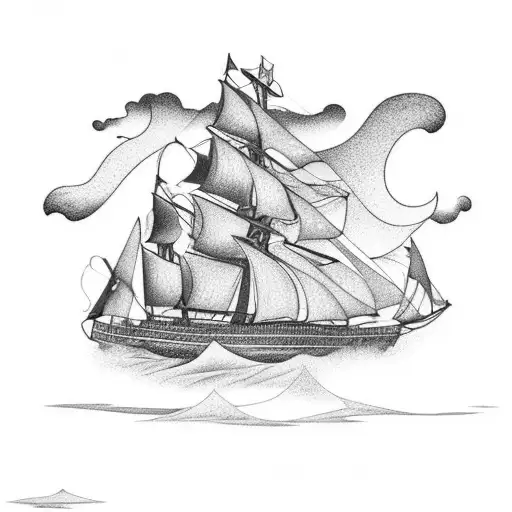 A beautifully detailed black-grey tattoo of a sailing ship sailing towards the radiant Northern lights tattoo design idea