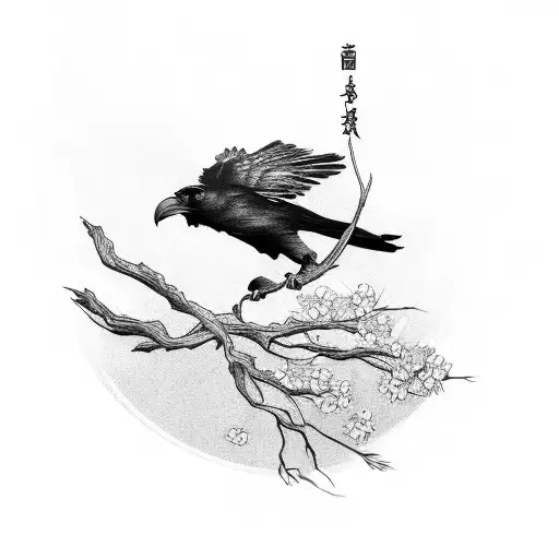 A majestic raven perched on a branch of a blossoming peach tree tattoo design idea