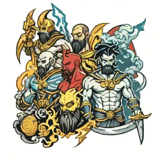 zeus,Poseidon,hades,kratos,Lightning,Colosseum tattoo design idea