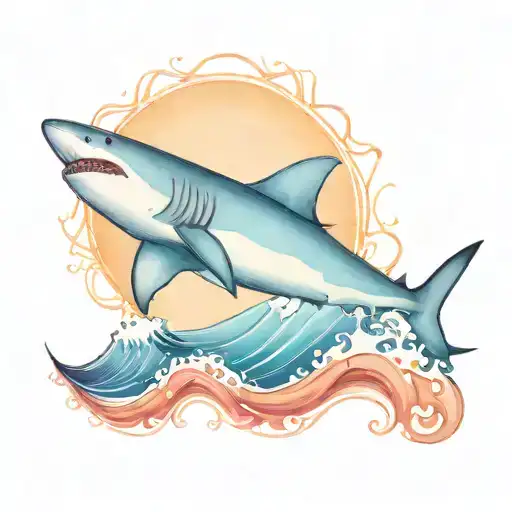 A stylized blackwork tattoo of a shark riding a wave, symbolizing your passion for surfing and the beach tattoo design idea