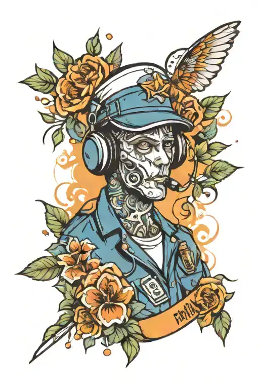 paramedic with flowers and music sleeve  tattoo design idea
