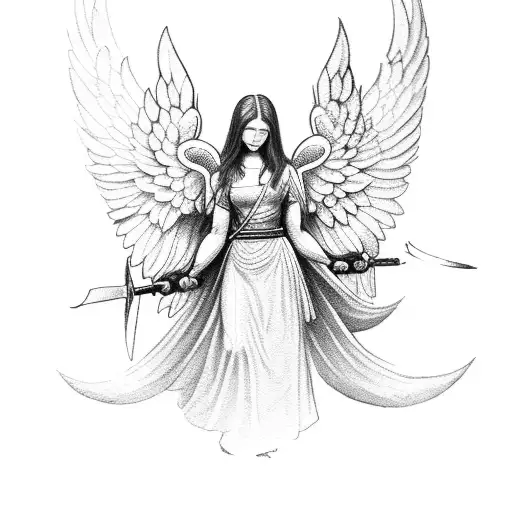 female guardian angel holding a simple spear tattoo design idea