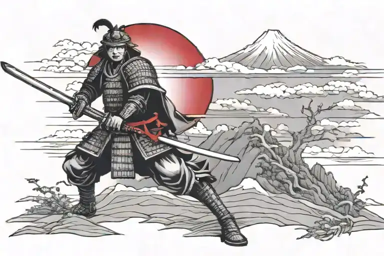 Samurai in grayscale with his katana drawn, he's in classic armor from the 1700s. Mt Fuji and a red sun in background. tattoo design idea