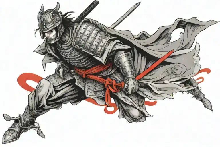 Samurai in grayscale with his katana drawn, he's in classic armor from the 1700s. Mt Fuji and a red sun in background. tattoo design idea