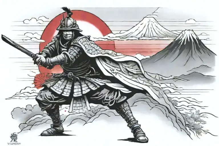Samurai in grayscale with his katana drawn, he's in classic armor from the 1700s. Mt Fuji and a red sun in background. tattoo design idea