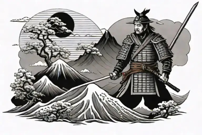 Samurai in grayscale with his katana drawn, he's in classic armor from the 1700s. Mt Fuji and a red sun in background. tattoo design idea