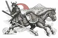 Samurai in grayscale with his katana drawn, he's in classic armor from the 1700s. Mt Fuji and a red sun in background. tattoo design idea