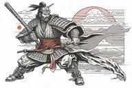 Samurai in grayscale with his katana drawn, he's in classic armor from the 1700s. Mt Fuji and a red sun in background. tattoo design idea