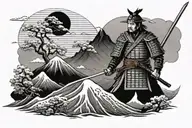 Samurai in grayscale with his katana drawn, he's in classic armor from the 1700s. Mt Fuji and a red sun in background. tattoo design idea