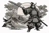 Samurai in grayscale with his katana drawn, he's in classic armor from the 1700s. Mt Fuji and a red sun in background. tattoo design idea