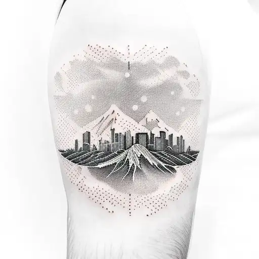 PNW Forest band around bicep with Dallas Skyline in negative space tattoo design idea