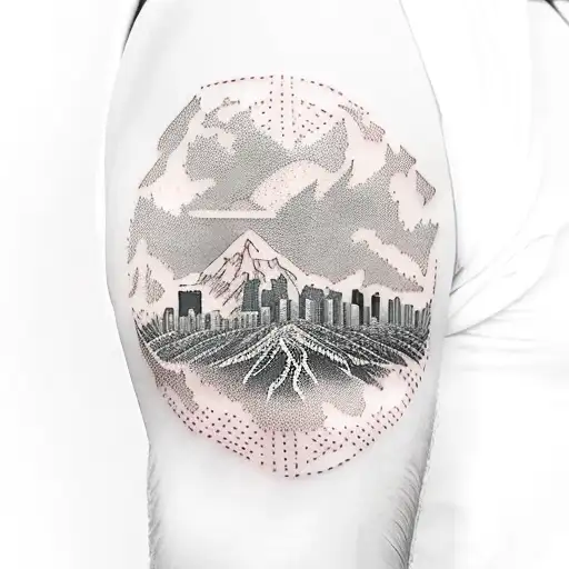 PNW Forest band around bicep with Dallas Skyline in negative space tattoo design idea