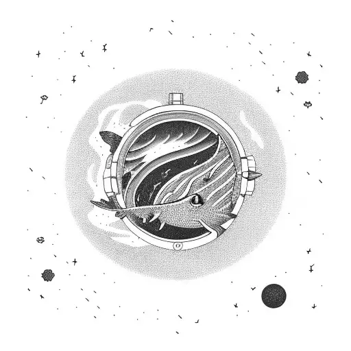 Astronaut diving into a black hole with a school of fish tattoo design idea