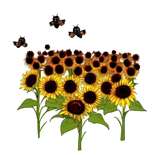 several bees flying over several sunflowers that have smiley faces tattoo design idea