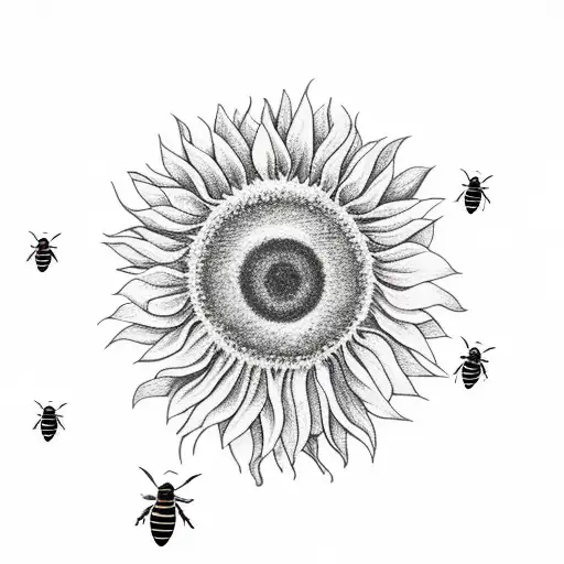 several bees flying over several sunflowers that have smiley faces tattoo design idea