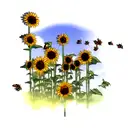 several bees flying over several sunflowers that have smiley faces tattoo design idea