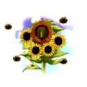 several bees flying over several sunflowers that have smiley faces tattoo design idea