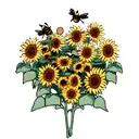 several bees flying over several sunflowers that have smiley faces tattoo design idea