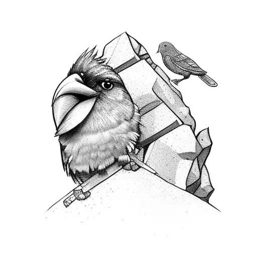 A comic-inspired scene of a carpenter climbing a rock wall with a bird perched on their shoulder tattoo design idea