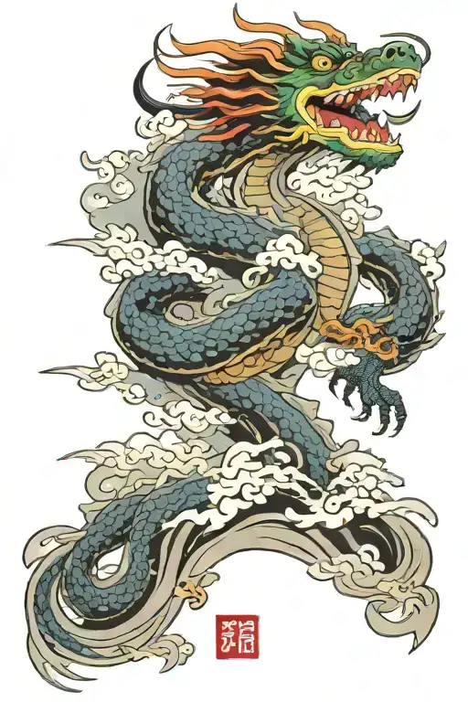 dragon osaka castle samurai kanji cloud waves tattoo design idea