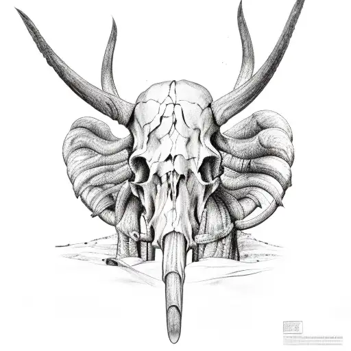 Mammoth skull with two massive tusks one with a broken tip thats cracked and splintered  tattoo design idea