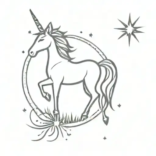 Unicorn, sun and firework tattoo design idea