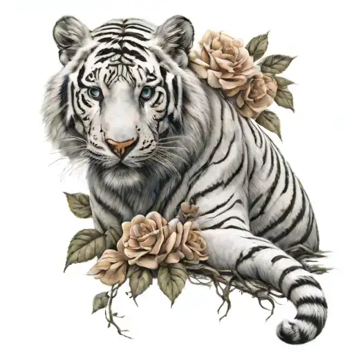 Grown white tiger going from rib to slight back. a baby white tiger on thigh in coated with vines and roses tattoo design idea