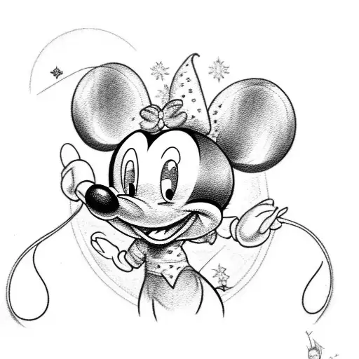 A old school  right leg tatto of Mickey Mouse,  as a main character, with tinkerbell in the ear, and Minnie Mouse  tattoo design idea