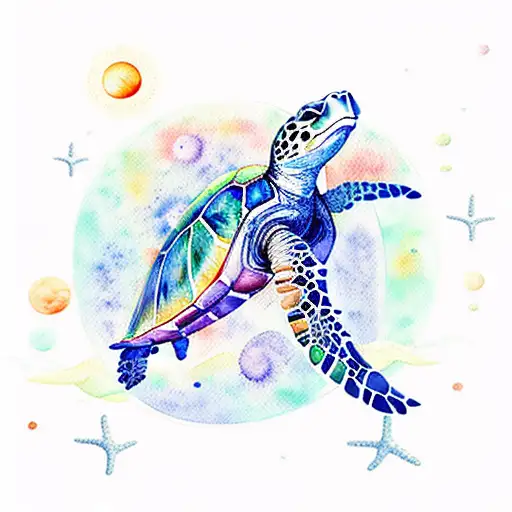 Watercolor, sea turtle, space, crescent moon, galaxy, bright, vibrant tattoo design idea